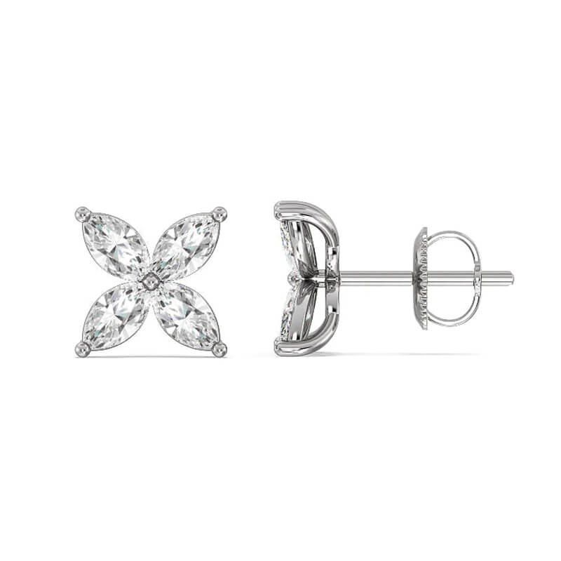 Four Petal Marquise Moissanite Cluster Stud Earrings In Sterling Silver