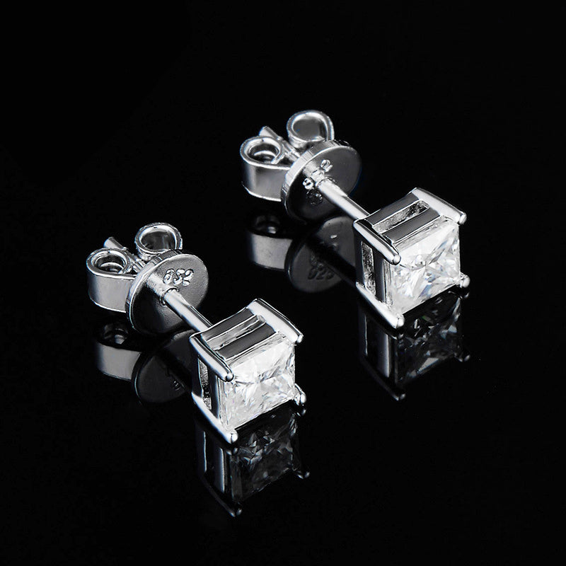 Four Prong Princess Cut Moissanite Stud Earrings In Sterling Silver