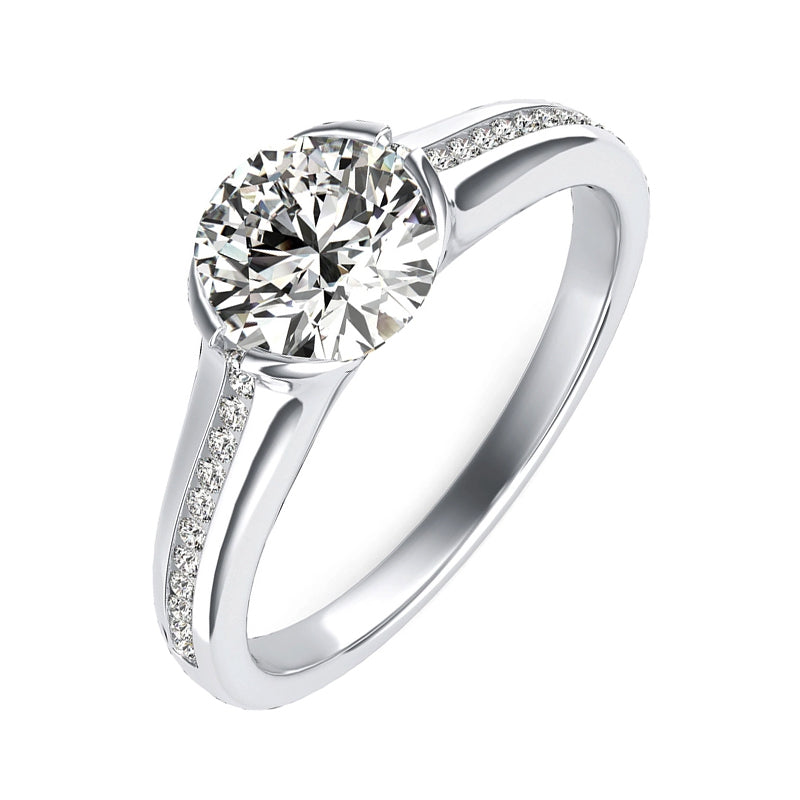 Half Bezel Moissanite Channel Set Side Stones Engagement Ring