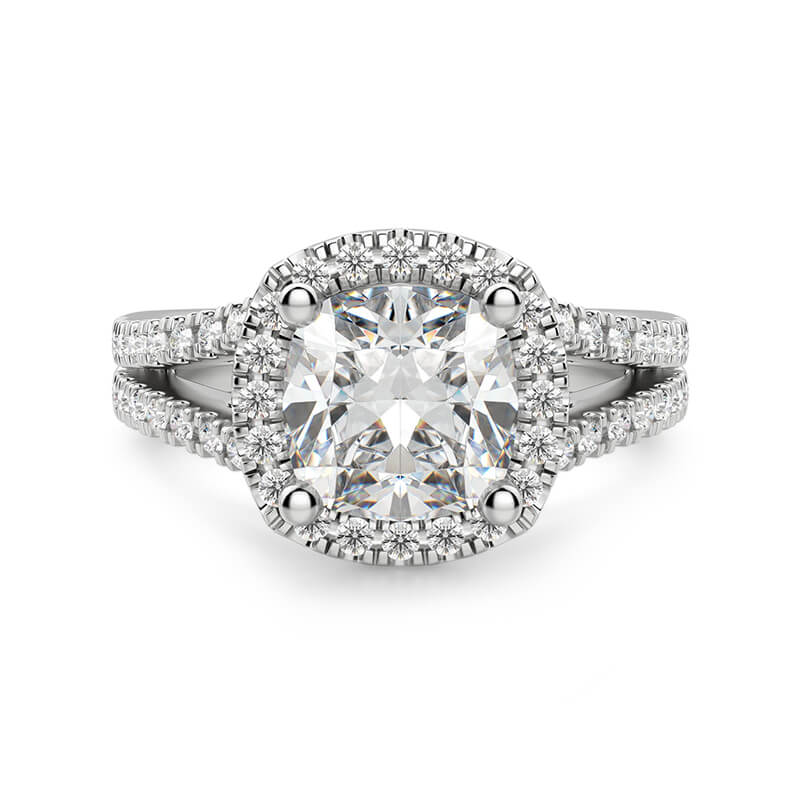 Halo Cushion Cut Moissanite Split Shank Pave Engagement Ring