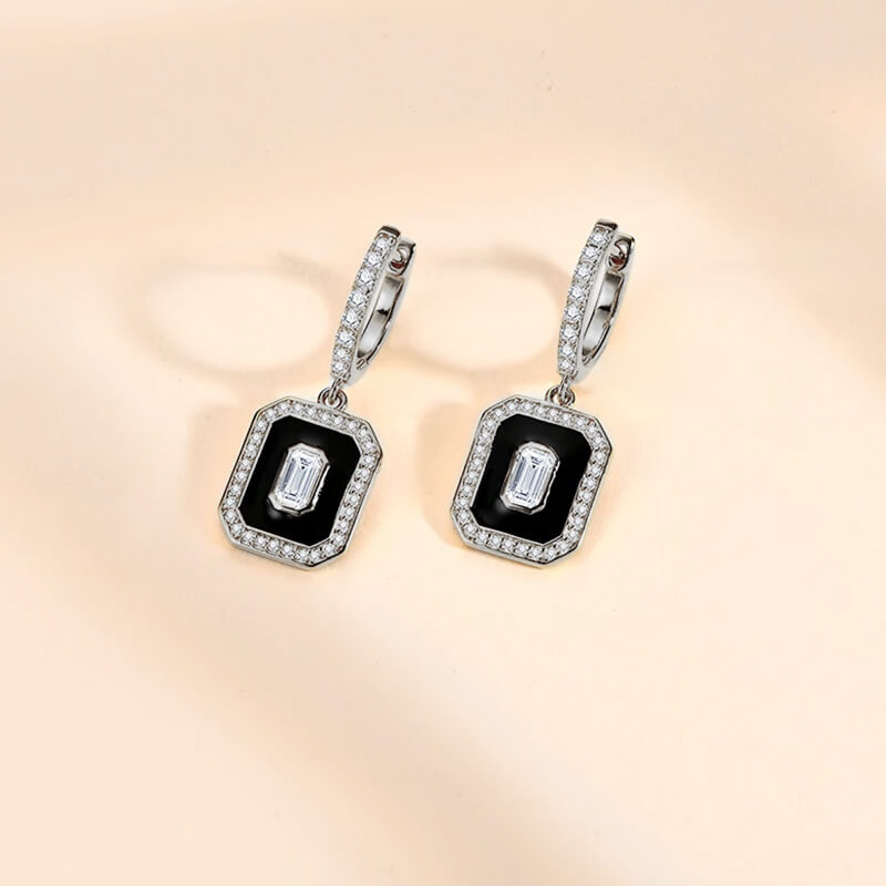 Halo Emerald Cut Moissanite Enamel Pave Drop Earrings In Sterling Silver