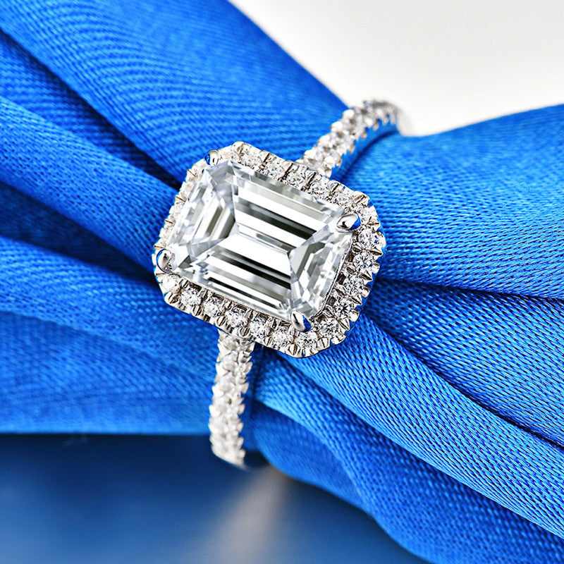 Halo Emerald Cut Moissanite Pave Sterling Silver Engagement Ring