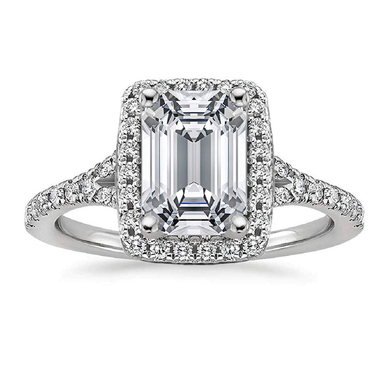 Halo Emerald Cut Moissanite Split Shank Pave Engagement Ring