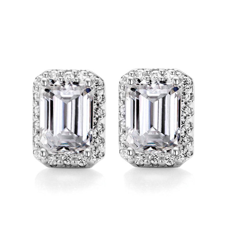 Halo Emerald Cut Moissanite Stud Earrings In Sterling Silver