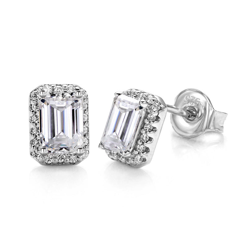 Halo Emerald Cut Moissanite Stud Earrings In Sterling Silver