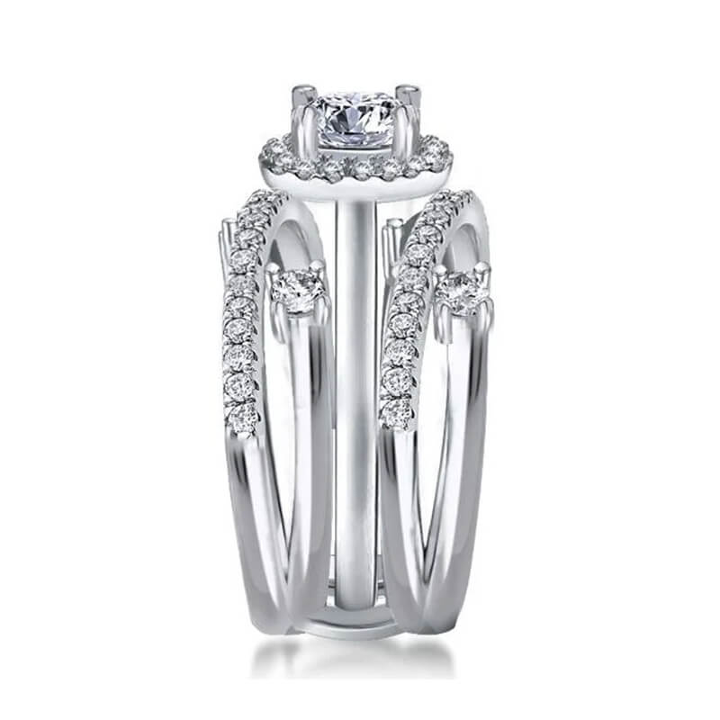 Halo Moissanite With Enhancer Cross Shank Bridal Engagement Ring Set