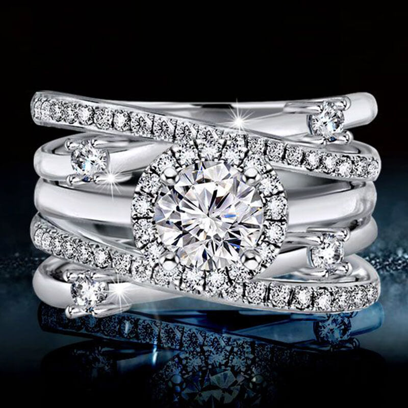 Halo Moissanite With Enhancer Cross Shank Bridal Engagement Ring Set