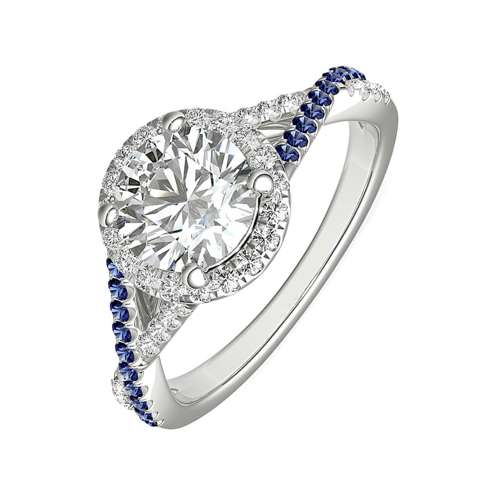 Halo Moissanite and Sapphire Twist Pave Engagement Ring