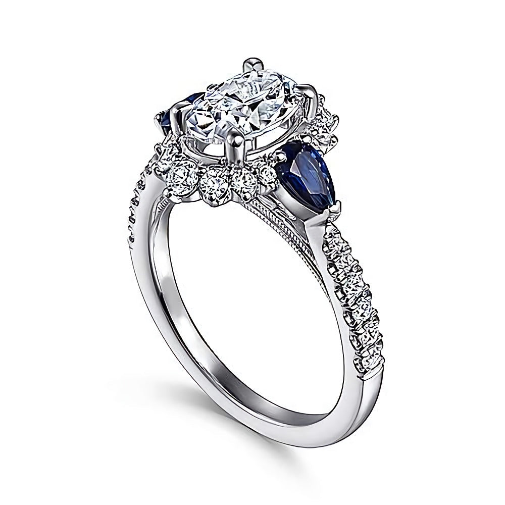 Halo Oval Moissanite Pear Sapphire Sidestone Pave Engagement Ring