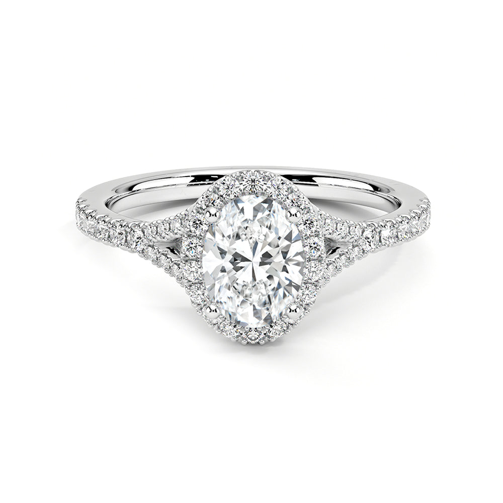 Halo Oval Moissanite Split Shank Pave Engagement Ring