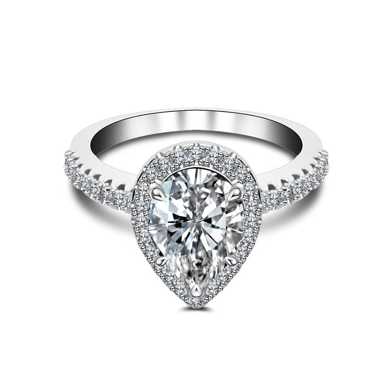 Halo Pear Cut Moissanite Pave Sterling Silver Engagement Ring