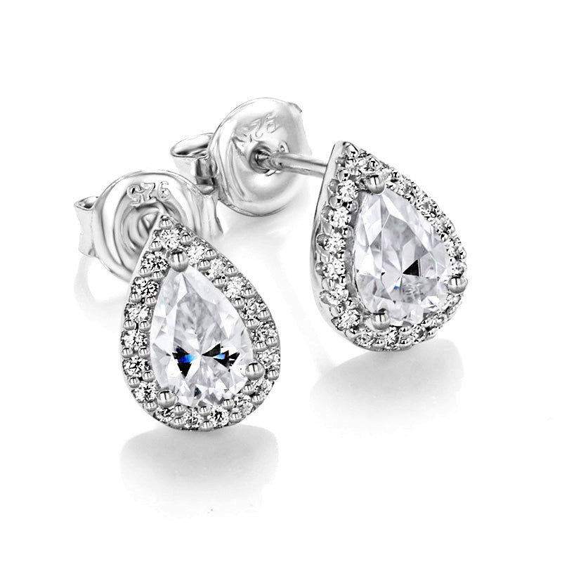 Halo Pear Cut Moissanite Stud Earrings In Sterling Silver