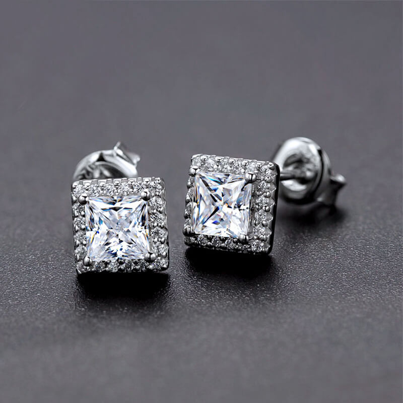 Halo Princess Cut Moissanite Stud Earrings In Sterling Silver