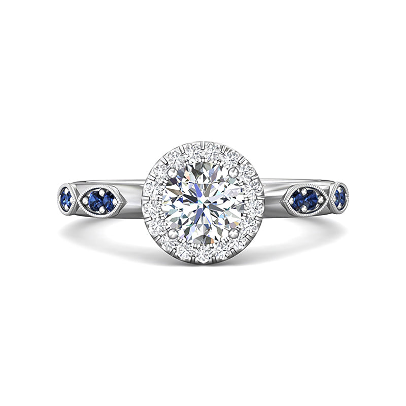 Halo Round Moissanite And Blue Sapphire Accents Engagement Ring