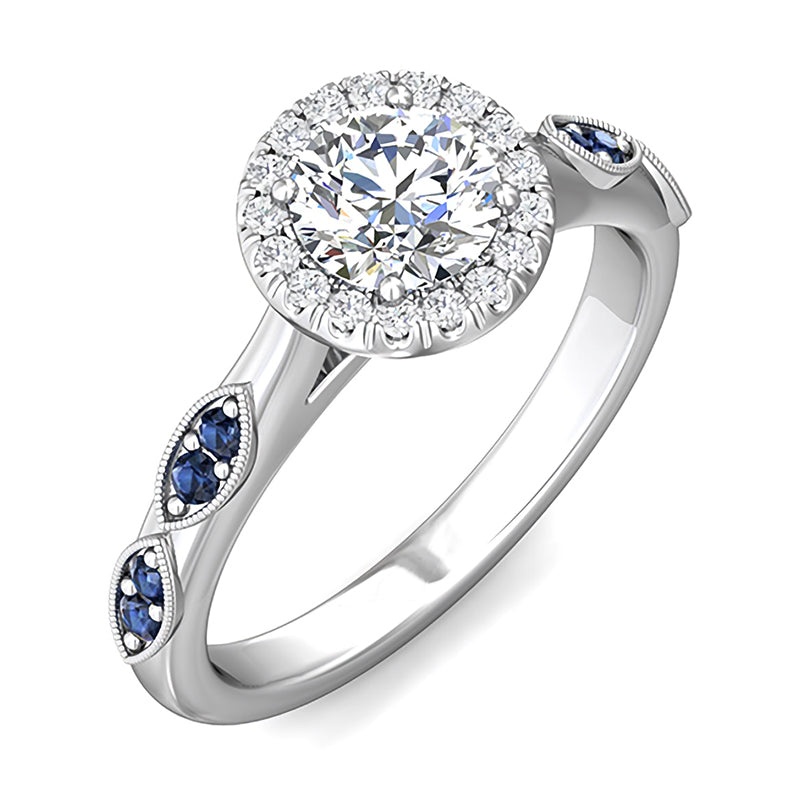 Halo Round Moissanite And Blue Sapphire Accents Engagement Ring