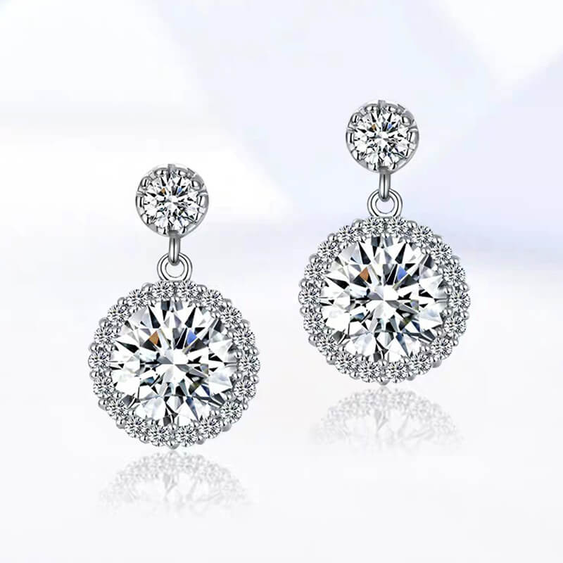 Halo Round Moissanite Drop Earrings In Sterling Silver