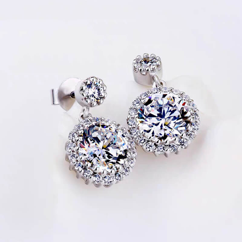 Halo Round Moissanite Drop Earrings In Sterling Silver