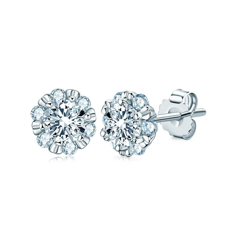 Halo Round Moissanite Flower Stud Earrings In Sterling Silver