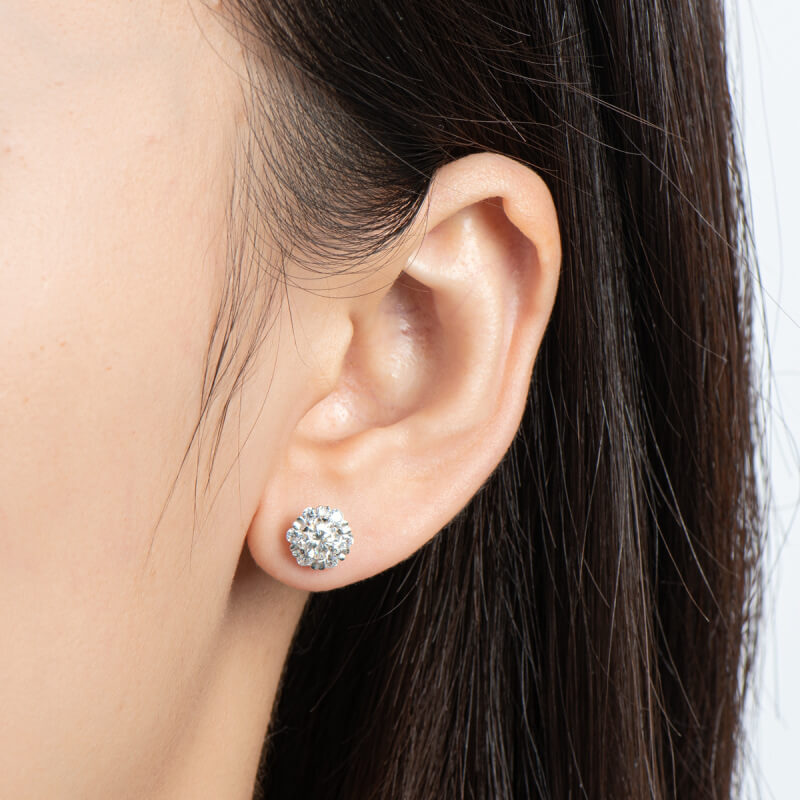 Halo Round Moissanite Flower Stud Earrings In Sterling Silver