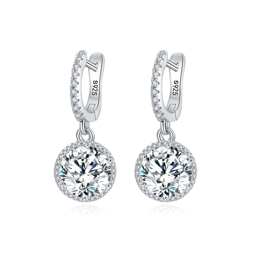 Halo Round Moissanite Hoop Drop Earrings In Sterling Silver