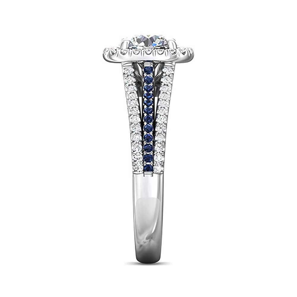 Halo Round Moissanite Sapphire Triple Row Pave Engagement Ring