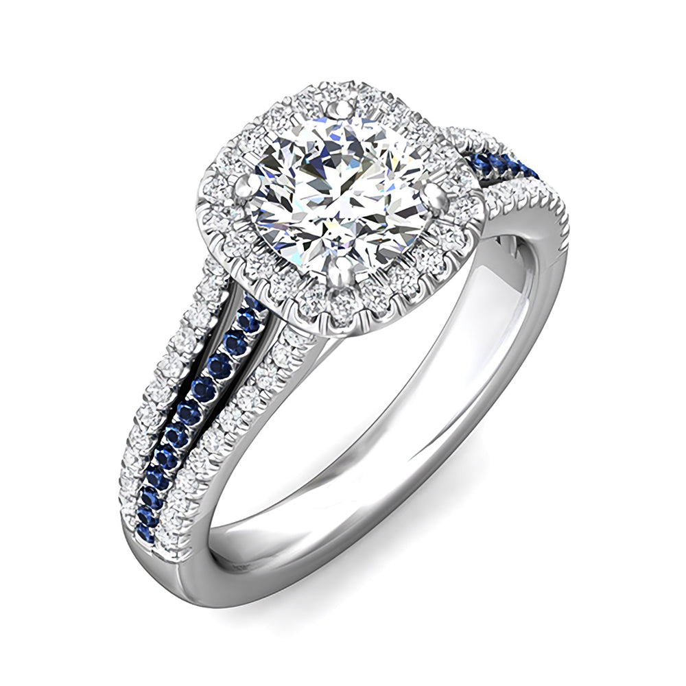 Halo Round Moissanite Sapphire Triple Row Pave Engagement Ring