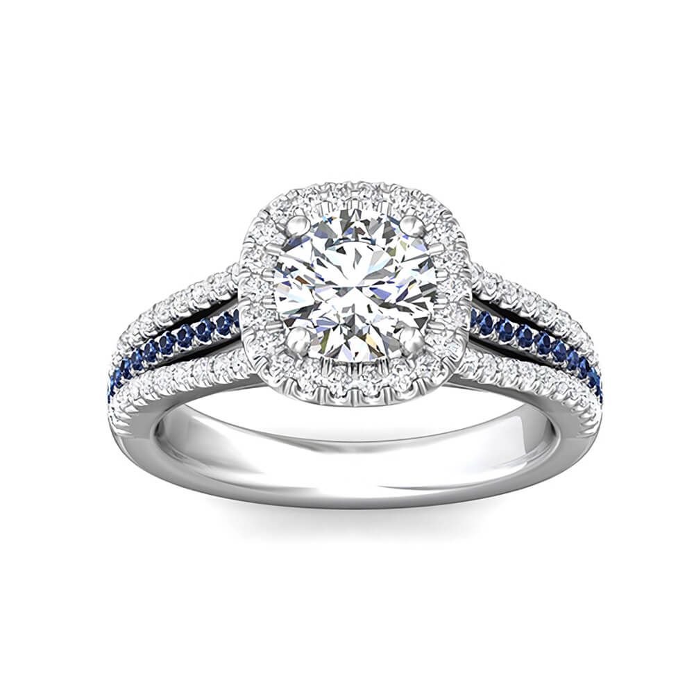 Halo Round Moissanite Sapphire Triple Row Pave Engagement Ring