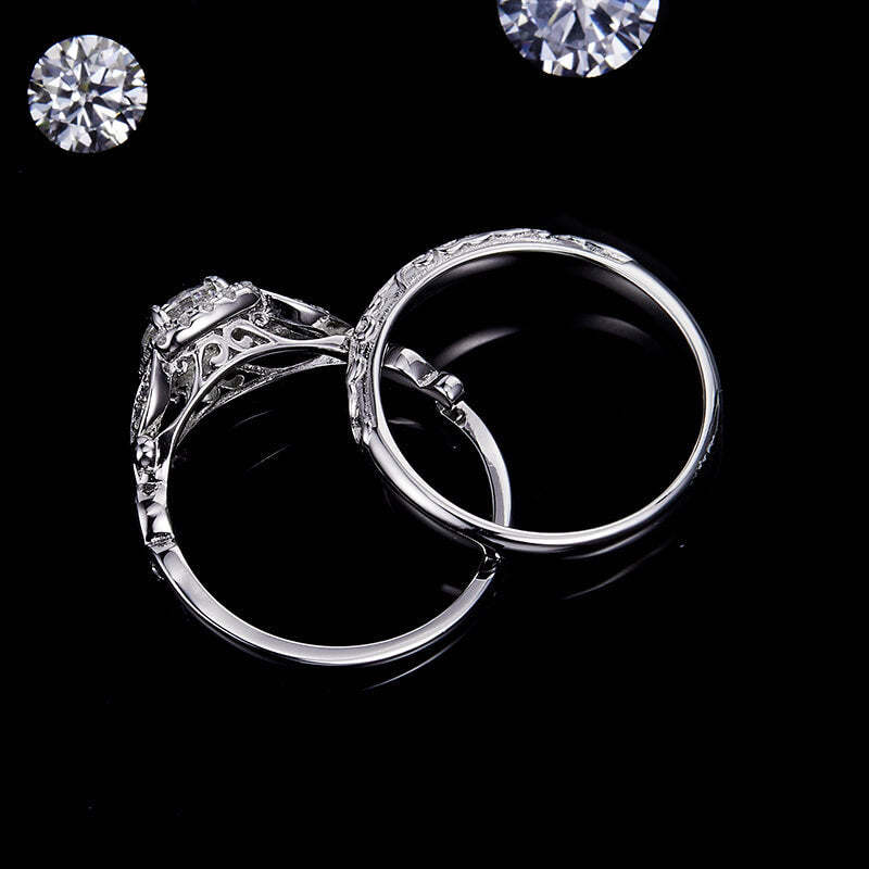 Halo Round Moissanite Scroll  Leaf Accents Bridal Engagement Ring Set