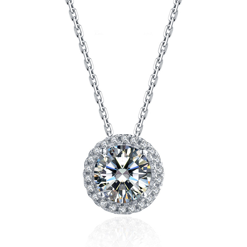 Halo Round Moissanite Sterling Silver Necklace