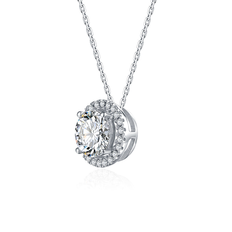 Halo Round Moissanite Sterling Silver Necklace