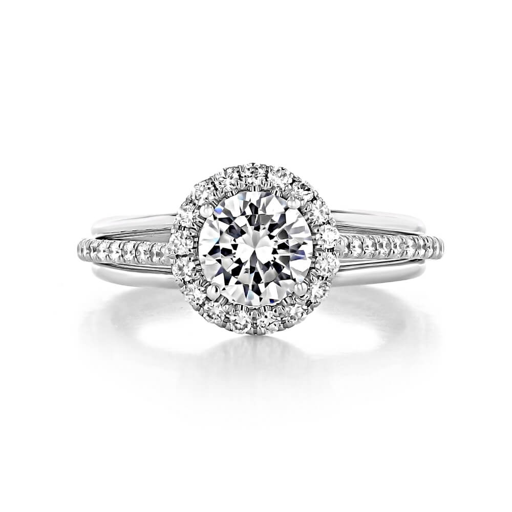 Halo Round Moissanite Triple Shank Pave Engagement Ring