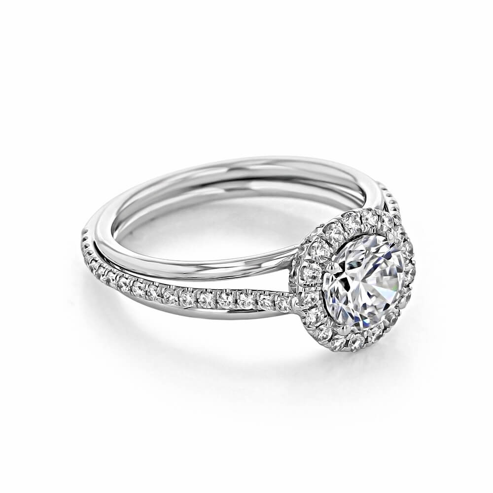 Halo Round Moissanite Triple Shank Pave Engagement Ring