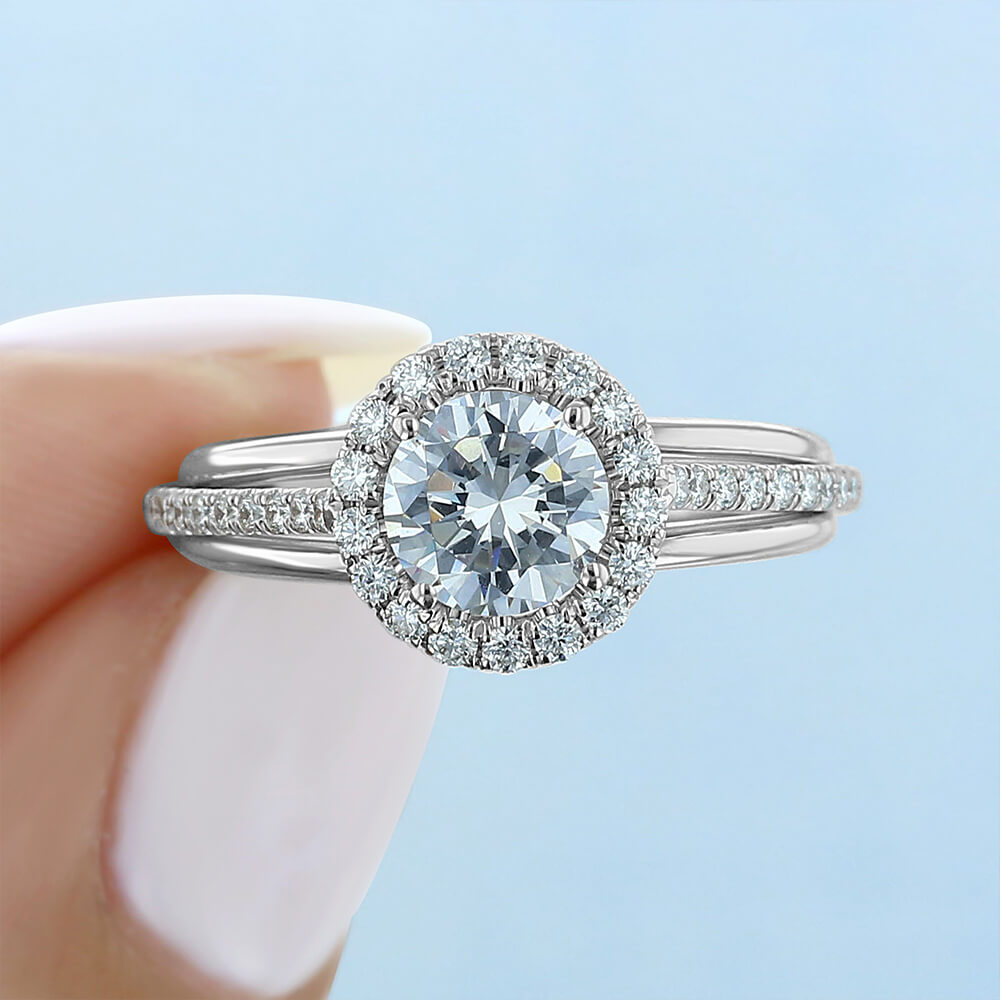 Halo Round Moissanite Triple Shank Pave Engagement Ring