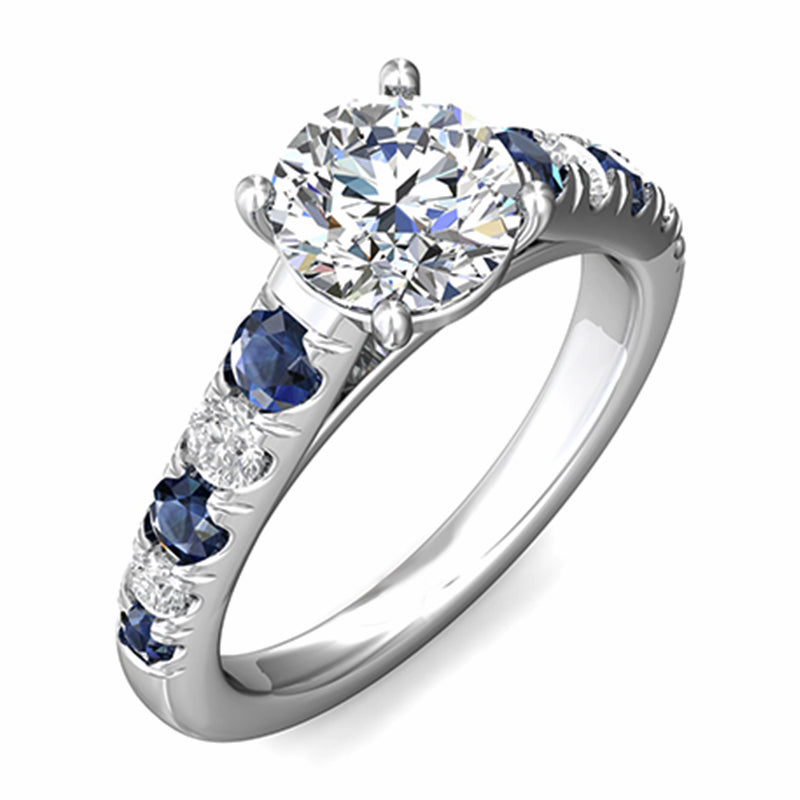 Round Moissanite With Sapphire Pave Engagement Ring