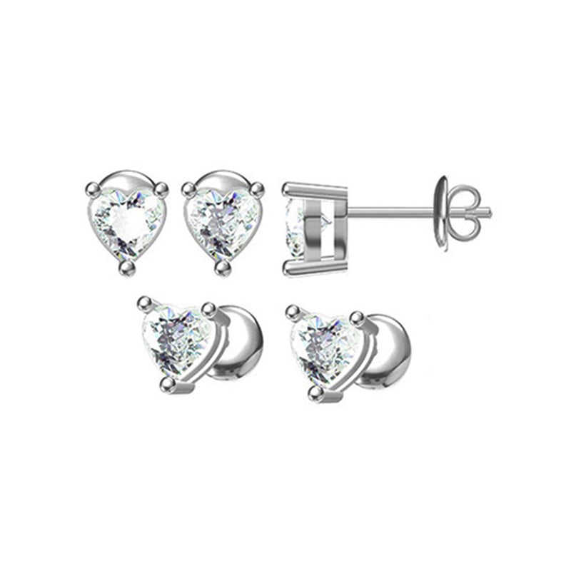 Solitaire Heart Cut Moissanite Three Prong Stud Earrings In Sterling Silver