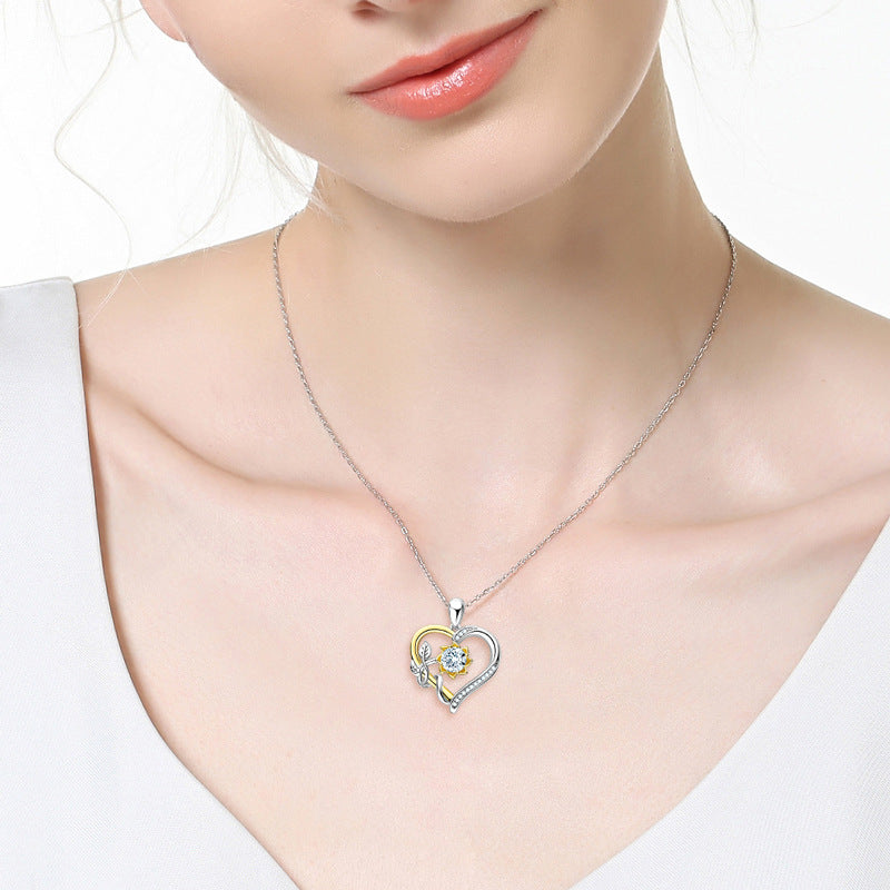 Heart Moissanite Flower Vine Two Tone Necklace in Sterling Silver