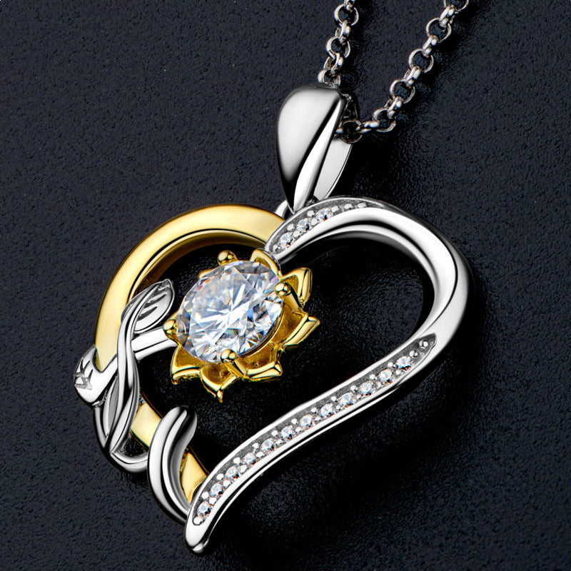 Heart Moissanite Flower Vine Two Tone Necklace in Sterling Silver