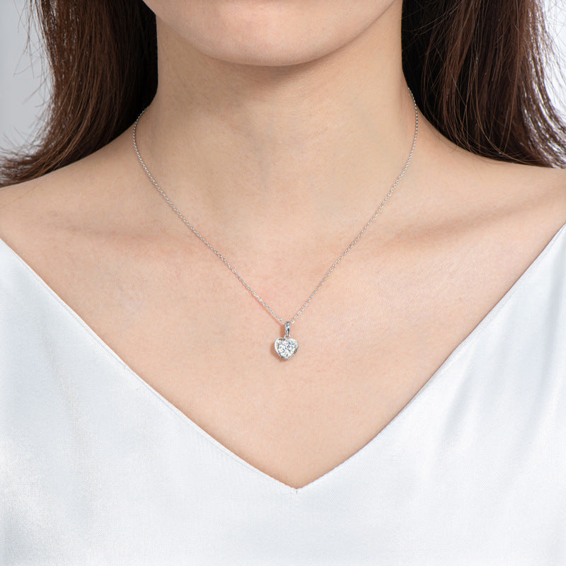 Heart Moissanite Side Stone Sterling Silver Necklace Pendant