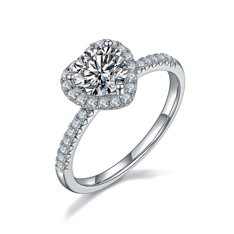 Heart Halo Round Moissanite Pave Sterling Silver Engagement Ring