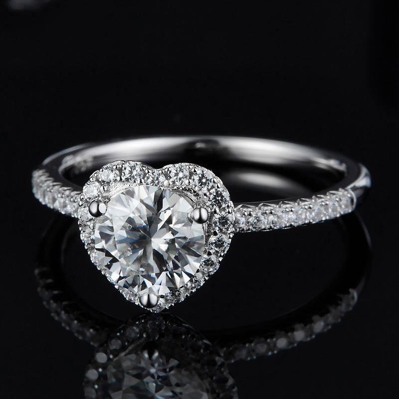 Heart Halo Round Moissanite Pave Sterling Silver Engagement Ring