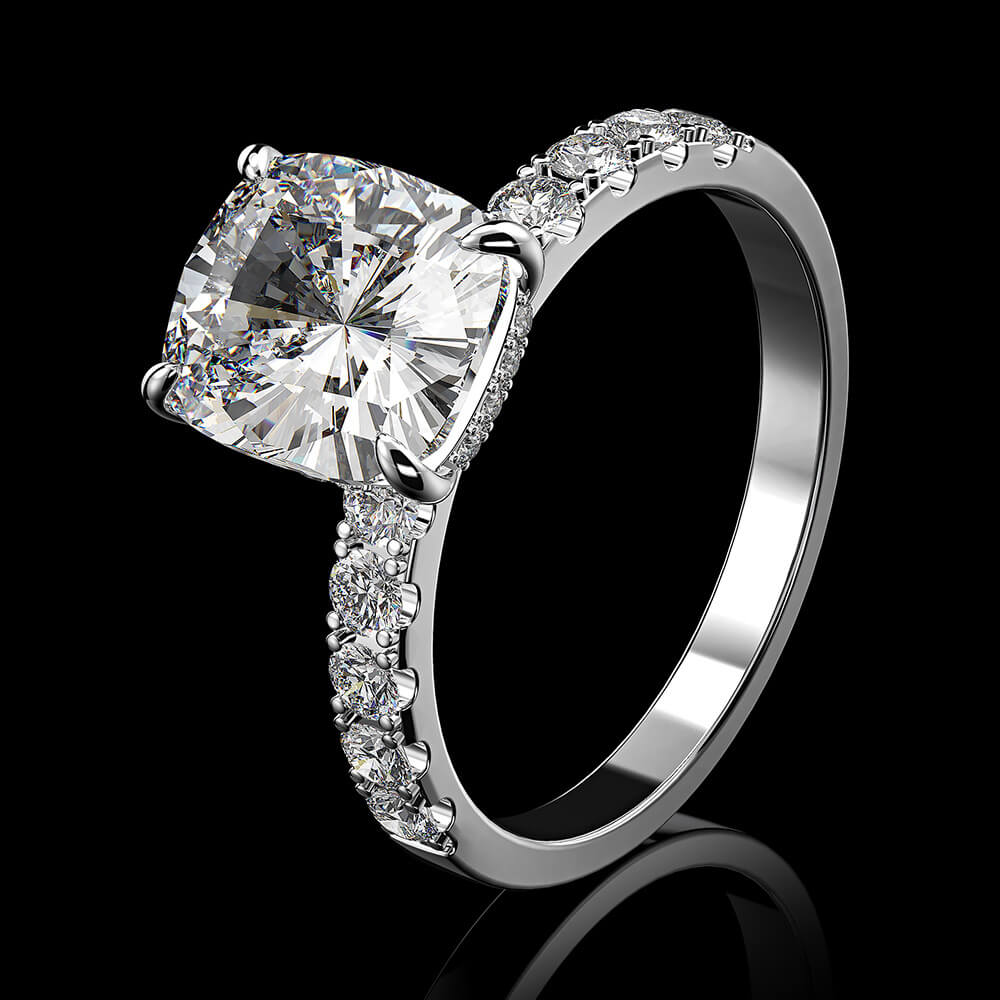 Hidden Halo Cushion Cut Moissanite Pave Engagement Ring