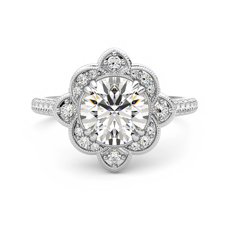 Milgrain Floral Halo Moissanite Pave Engagement Ring