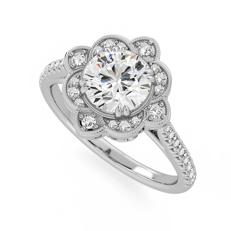 Milgrain Floral Halo Moissanite Pave Engagement Ring