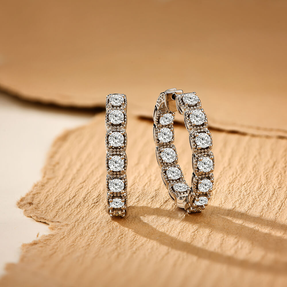 Milgrain Moissanite Square Hoop Earrings In Sterling Silver