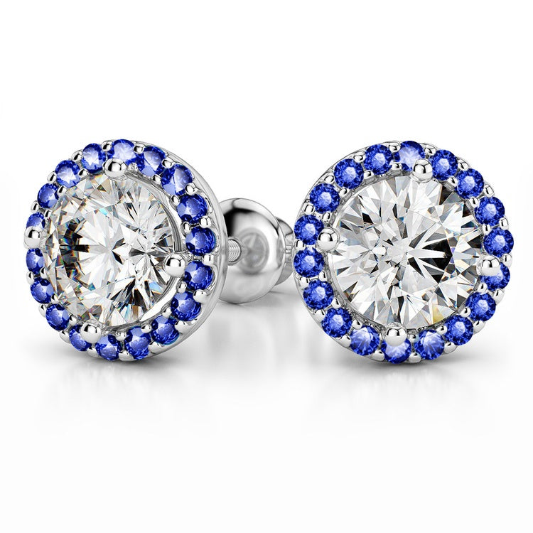 Moissanite And Sapphire Halo Stud Earrings In Sterling Silver