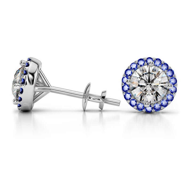 Moissanite And Sapphire Halo Stud Earrings In Sterling Silver