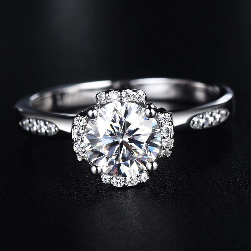 Moissanite Fashion Flower Side Stone Sterling Silver Wedding Ring