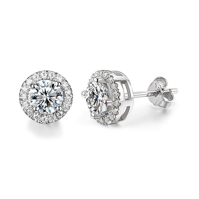 Fashion Halo Round Moissanite Sterling Silver Stud Earrings