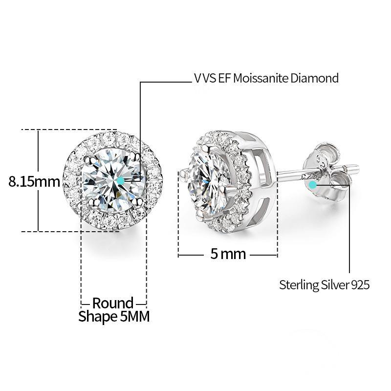 Fashion Halo Round Moissanite Sterling Silver Stud Earrings