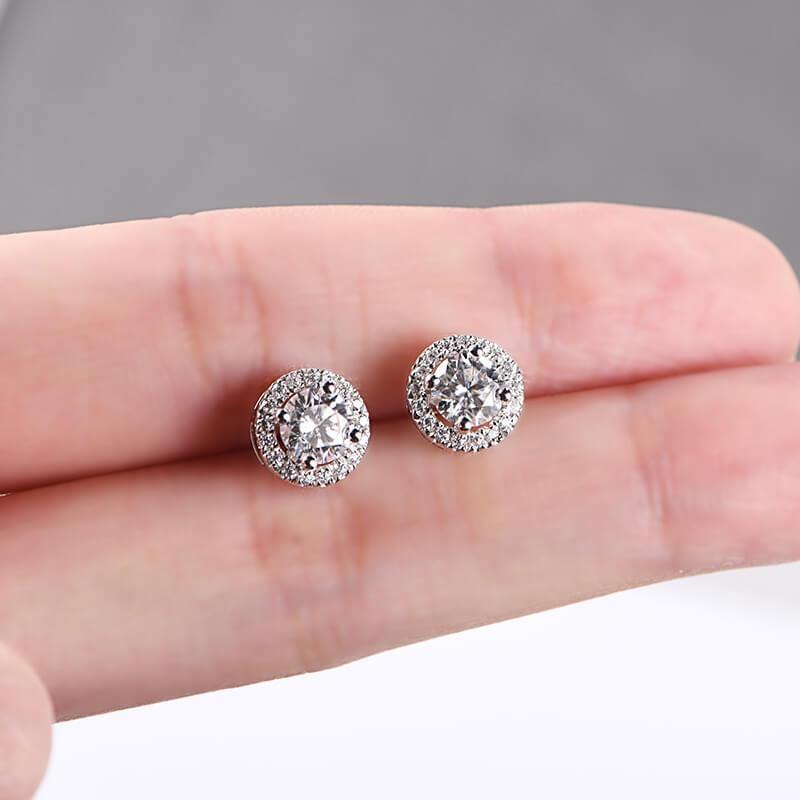 Fashion Halo Round Moissanite Sterling Silver Stud Earrings